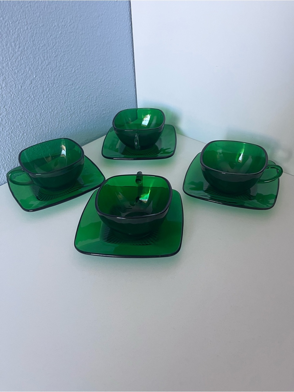 Anchor Hocking Fire King ‘Charm’ Emerald Green Glass Cup and Saucer Set - 4pc